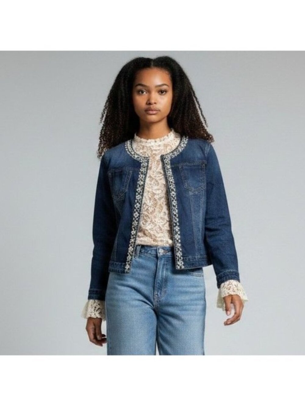 Miss Bon Bon Pearl-Embellished Womens Denim Jacket Size 48 Cotton Blend Front Po